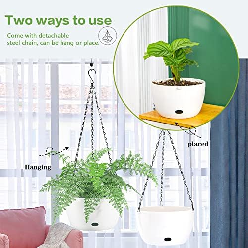Sungmor Self Watering Hanging Planter for Indoor Plants, 9.4" & 11.2" 2-PACK Large White Plastic Hanging Basket, Garden Flower Pots with Hanging & Standing Design, Thickened Sturdy Drainage Plant Pots - Image 5
