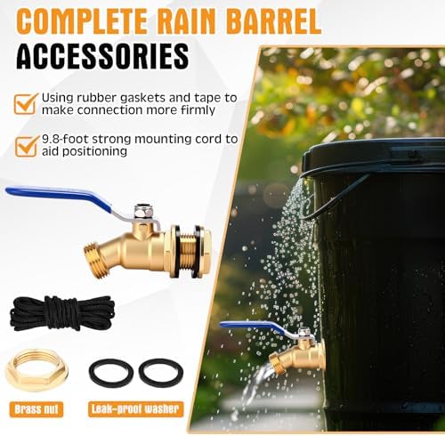 JaGely 3 Pack Brass Rain Barrel Spigot Kit 3/4" Inlet to 3/4"GHT Thread Outlet Water Tank Faucet 55 Gallon Drum Outdoor Rain Bucket Spigot with Bulkhead Fitting, Tape, Traction Rope(Blue) - Image 4