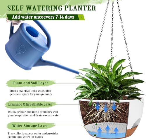 10 Inch Self Watering Hanging Planters with Metal Chain & Macrame Hangers - Image 3
