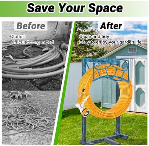 Garden Hose Holder, Heavy Duty Metal Water Hose Holders Hose Stand with 5 Spikes, Freestanding Hose Storage Rack Hose Hanger Holds 150ft Hose for Outside Yard Lawn Garden Decor (Retro Blue) - Image 3