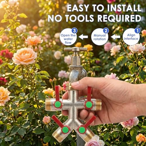 4-Way Brass Garden Hose Splitter with Comfort Grips - 3/4” NPT Leak-Proof Water Tap Connector, Heavy Duty Multi-Outlet Manifold with Individual Shut-Off Valves for Lawn, Irrigation & Outdoor Use - Image 4