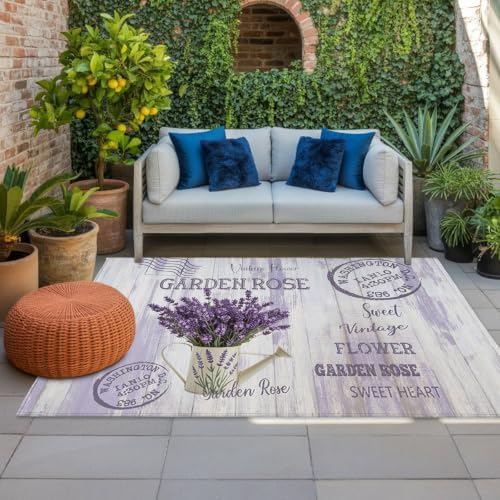 Lavender Flower 3x5 Waterproof Outdoor Rug with Non‑Slip Backing Watering Can Purple Old Postcard Wood Machine Washable Deck Patio Rug Mat for Camping, RV, Garden, Balcony Pool by Unknown
