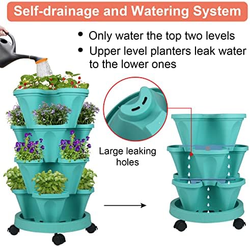 GameXcel Vertical Planter Tower - 4 Tier Stackable Garden Planters with Wheels and Tools Plant Pots for Strawberry Herb Flower and Vegetable Indoor Outdoor Use Teal - Image 4