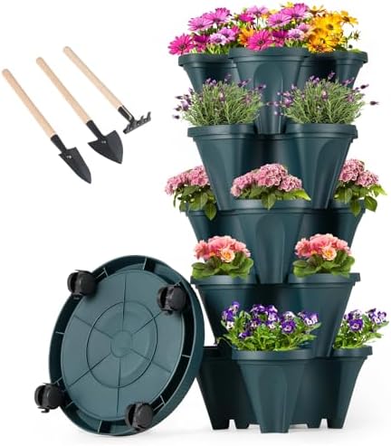 GameXcel Vertical Planter Tower - 5 Tier Stackable Garden Planters with Wheels and Tools Plant Pots for Strawberry Herb Flower and Vegetable Indoor Outdoor Use Green by GameXcel