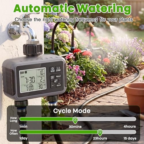 Sprinkler Timer 2 Zone, IPX5 Waterproof Programmable Water Hose Timer with Rain Delay, Child Lock, Manual Watering for Outdoor Automatic Irrigation for Garden, Lawn, Yard (AA Batteries Not Included) - Image 4
