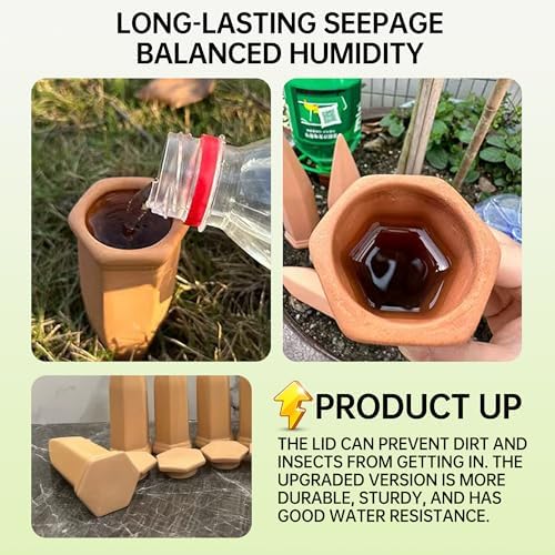 Large Clay Watering Spikes with Lids, Olla Spikes | 6 Pack Self-Watering Stakes for Indoor & Outdoor Planters | Terracotta Vacation Plant Waterer, Slow Release Devices with Rake - Image 3