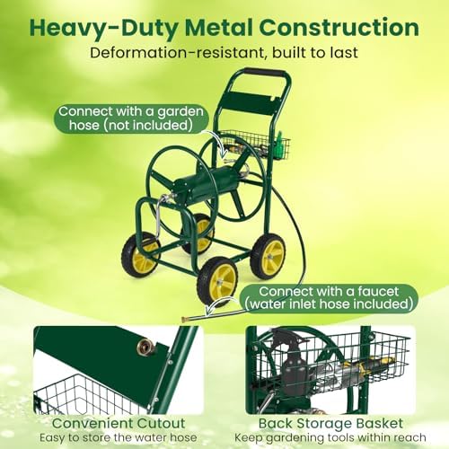 Goplus Garden Hose Reel Cart, 300 ft 5/8" or 400 ft 1/2", Heavy-Duty Metal Hose Cart w/ 4 Wheels, Storage Basket, Portable Water Hose Organizer for Yard Planting Lawn - Image 4