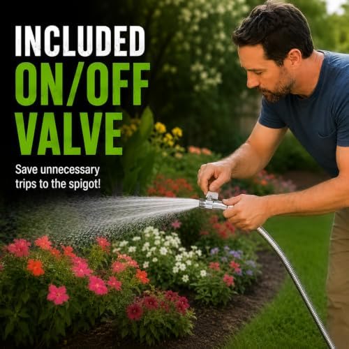 Morvat 150ft Stainless Steel Garden Hose Metal with Brass ON/OFF Valve, Heavy Duty for Nozzle, Water, Yard & Outdoor, Lightweight No-Kink, Crush & Puncture Resistant, Roll of Teflon Tape & 3 Washers - Image 3