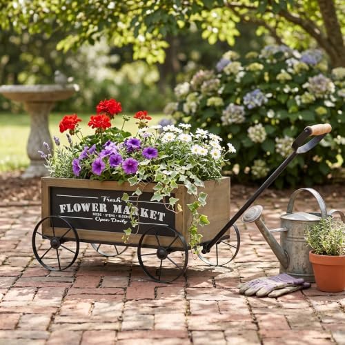 Wooden Wagon Planter with Iron Wheels, 16.5 Inch, Brown - Image 7