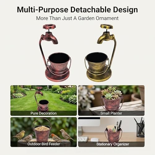 Rustic Faucet‑Shaped Metal Planter, Vintage Bucket Plant Pot, Detachable Multi‑Purpose Succulent Planter Desktop Decor Entryway Yard Decor,Antique Bronze - Image 7