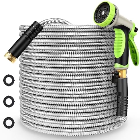 Metal Garden Hose 75FT Stainless Steel Heavy Duty Flexible Lightweight Water Hoses Pipe with 10-Function Spray Nozzle and 3/4" Solid Brass Fittings No Kink Durable for Outdoor Yard & Lawn by YEENUO