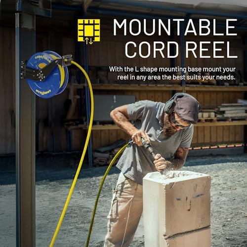 GOODYEAR Air Hose Reel Retractable 3/8" Inch x 50' Feet Long Premium Commercial SBR Hose Max 300 Psi Reinforced Steel Construction Heavy Duty Spring Driven Industrial Dual Arm & Pedestal - Image 4