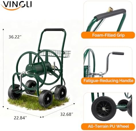 VINGLI 4-Wheel Garden Hose Reel Cart with Storage Basket, Portable Residential Hose Reel Cart, Lawn Watering, for Garden Backyard and Farm (Green 250FT) - Image 3