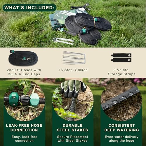 100 FT Flat Soaker Hose (2 x 50 FT) – Drip Irrigation for Garden Beds, Raised Beds & Landscaping – Kink-Resistant, Even Watering, Includes 16 Steel Stakes & Storage Straps - Image 2