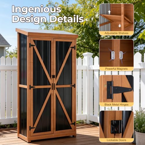 Tall Outdoor Storage Cabinet, 32" W x 16" D x 67" H Vertical Storage Shed with Wood Frame, Metal Panels, Padlock-Ready Double Doors, Sloped Roof and 3 Removable Shelves for Patio, Garden and Garage - Image 3