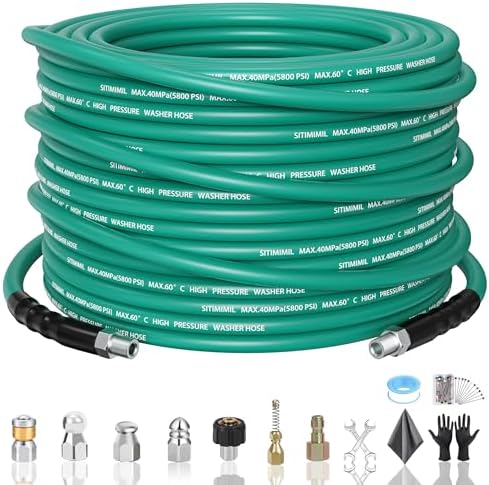 50FT Sewer Jetter Kit for Pressure Washer,1/4‘’NPT Drain Cleaner Hose 5800PSI, with Adapter Corner Rotating Button Nose Sewer Jetting Nozzles Kit Pearl Corsage Pin Spanner Waterproof Tape by SITIMIMIL