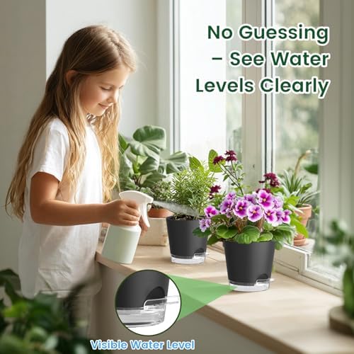 Meowell 7 inch Self Watering Pots for Indoor Plants, 5 Pack Plant Pots with Drainage Holes & Clear Reservoir for Visible Water Level, Plastic Wicking Planter Pots for House Plants and Flower, Black - Image 3