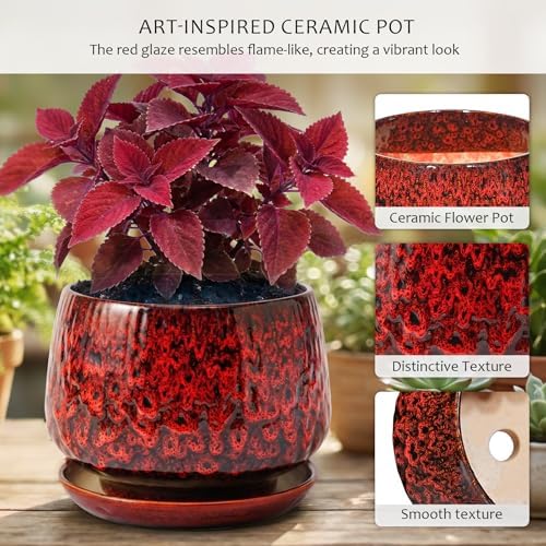 10.3 Inch Ceramic Planter with Saucer,Modern Garden Pots with Drainage Hole Mesh Net, for Indoor Outdoor Use (Speckle Red) - Image 3