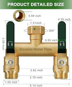 Hose Splitter 2 Way Heavy Duty, Full Flow Garden Hose Splitter with 2 Long Metal Handles, Brass Rust and Freeze Resistant Water Hose Bib Splitter, T Adapter Connector with 3/4 - Inch GHT Thread（Green） - Image 2