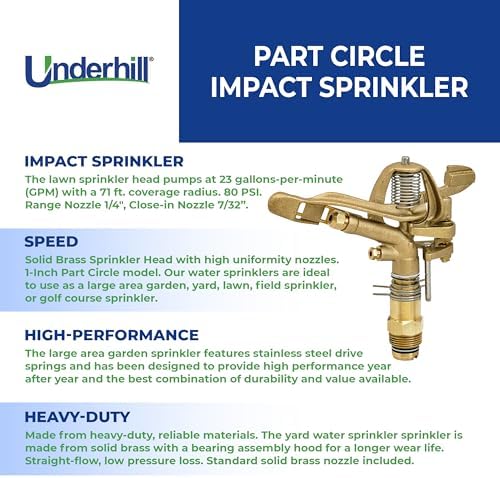 Underhill Rotating Brass Impact Sprinkler Head 360 Degree for Large Area, Lawn, Garden, Commercial Irrigation, 1-Inch Part Circle, 71-Foot, SI100P - Image 3