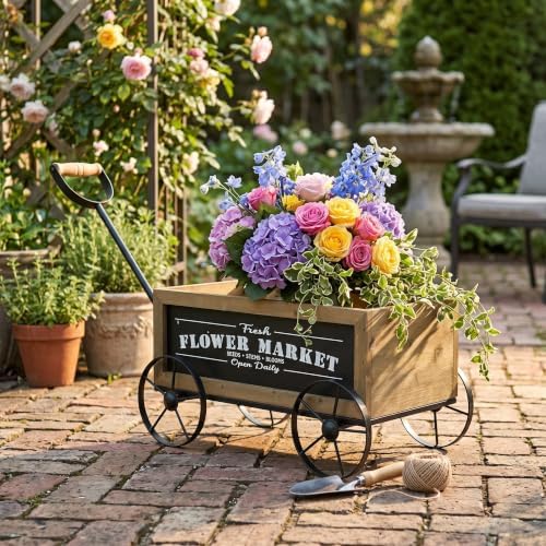Wooden Wagon Planter with Iron Wheels, 16.5 Inch, Brown by Noeko