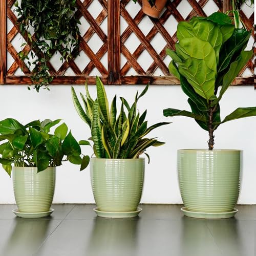 12 Inch Pots for Plants - Round Ceramic Planter with Drainage Hole and Plant Saucer for Flower Indoor Outdoor, Modern Room Office Home Garden Decor, House Warming Gifts, Green - Image 7