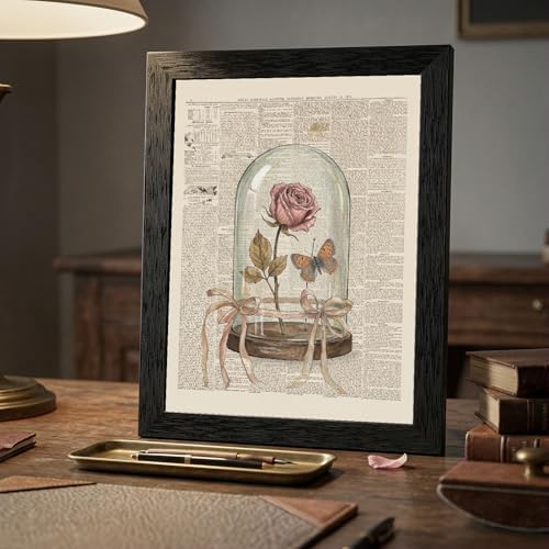 Framed Canvas Wall Art Vintage Mixed Media Dried Rose and Butterfly Cloche Muted Pink and Earthy Sepia Tones Canvas Print Poster Black Frame Wall Decor for Study Room Cottagecore Art, 24x36 Inch - Image 7