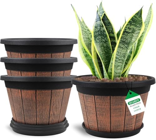 4 Pack 14 inch Plant Pots,Whiskey Barrel Planters with Drainage Holes by Quarut