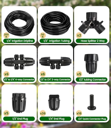 250FT Drip Irrigation Tubing Kit with 1/2 Irrigation tubing, 1/4 inch Dripline, and Irrigation Parts for Garden, Raised Beds, and Greenhouse Watering - Image 4