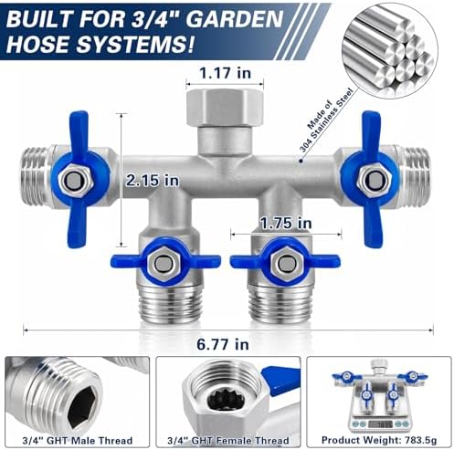 4 Way Garden Hose Splitter, 304 Stainless Steel Hose Splitter with 4 Shut-Off Valves, Heavy Duty Outdoor Faucet Adapter, 3/4" GHT Full Flow Hose Connector for Garden Irrigation - Image 2