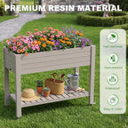 Elevated Resin Raised Garden Bed, 33.7in Height Raised Planter Box with Drainage Holes, Lockable Rotating Wheels & Bottom Storage Shelf, Stake Support, Easy Assembly for Patio Lawn Backyard Balcony - Image 3