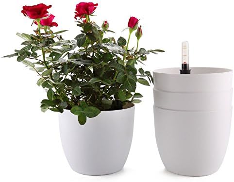 T4U 6 Inch Plastic Self Watering Planter with Water Level Indicator White Set of 4, Modern Decorative Planter Pot for All House Plants, Flowers, Herbs, African Violets, Succulents by T4U