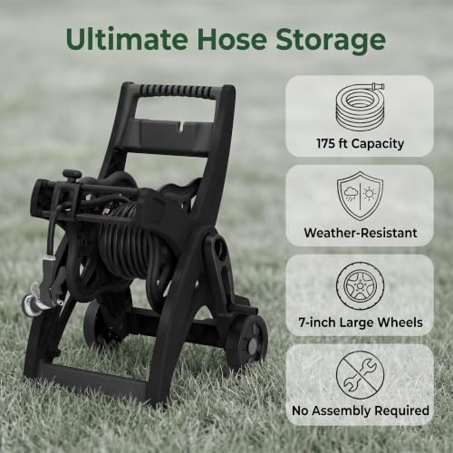 175FT Portable Hose Reel Cart with Wheels, Black - Image 4