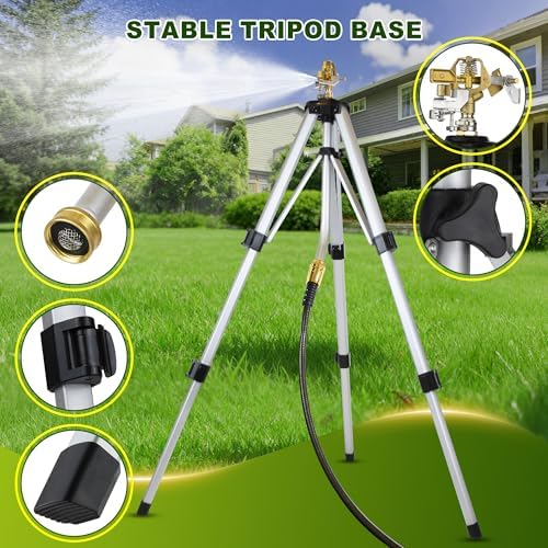 Sprinklers for Yard on Tripod, 2 Pack Heavy Duty 360 Degree Impact Lawn Sprinklers for Yard and Gardens, Adjustable Base with Sprinkler Head Nozzle and 3/4" NH Inlet Hose Connection - Image 4