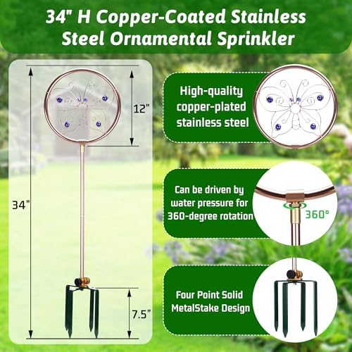34" Tall Copper-Coated Stainless Steel Garden Sprinkler, 360° Rotating Decorative Ornamental Sprinkler for Lawn, Yard & Landscape Watering (Butterfly) - Image 3