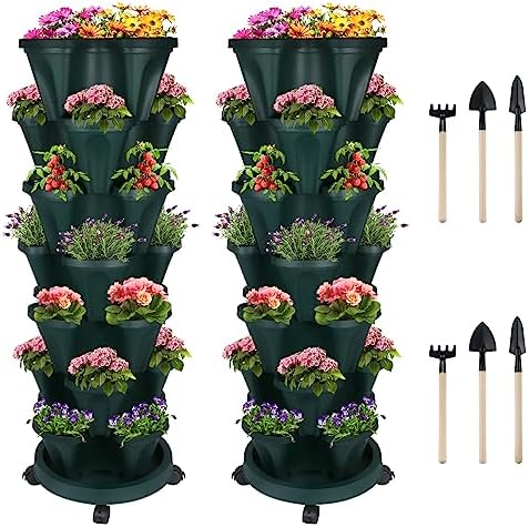 DUNCHATY Stackable Planter, Vertical Garden Planter with Wheels and Tools, Self Watering Strawberry Planter Indoor/Outdoor 7 Tier Herb Planter Pots for Growing Vegetables and Succulents,Pine Green by DUNCHATY