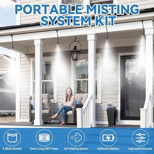Portable Misting Cooling System Kit with 10M Hose, 4500mAh Rechargeable Pump and 8 Mist Nozzles, Outdoor Misting System for Patio, Garden, Backyard, Camping, Beach, Golf Cart and Animal Shelter - Image 2