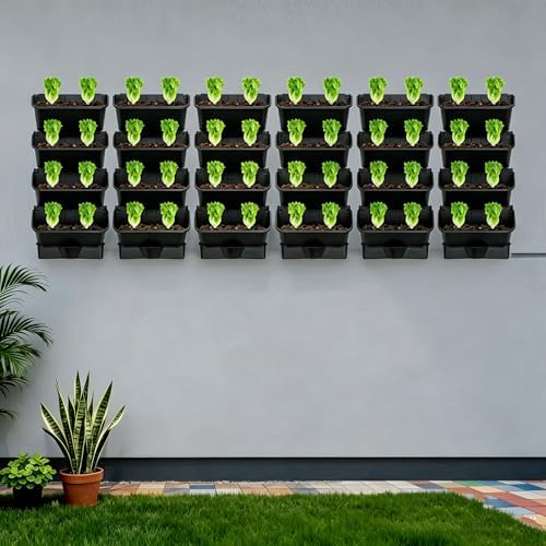 Vertical Wall Mount Planter,24 Pots Wall Garden Kit with Self Drip Irrigation Drainage Pipe for Balcony Patio Fence - Image 4