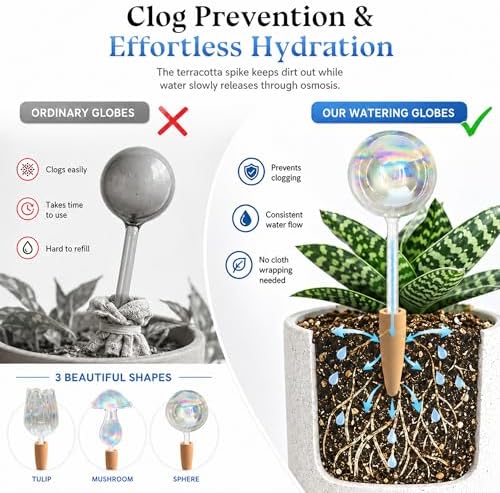HyJeryty Non-Clogging Iridescent Ball Plant Watering Globes with Terracotta Spikes, Hand Blown Glass Self Watering Planter Insert, Watering Bulbs for Indoor Small & Medium Potted Plants (3 Pack) - Image 4