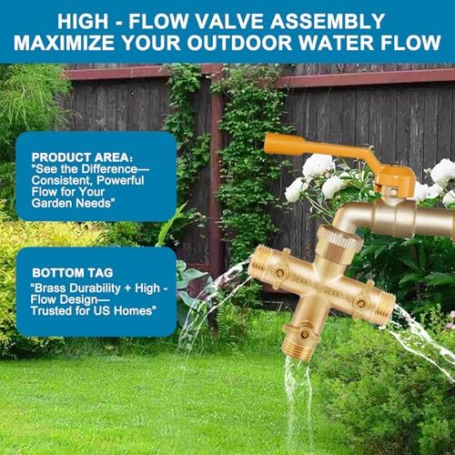 3 Way Hose Splitter, Solid Brass High Flow 3 Way Water Hose Splitter with Metal Handle, Heavy Duty Faucet Spigot Splitter with Shut off Valve, 3/4 Inch Garden Tap Splitter - Image 3