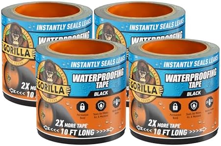 Gorilla Waterproof Patch & Seal Tape, Black Tape, 4" x 10' (Pack of 4) - Permanent Weather Resistant Seal for Leaks and Repairs by Gorilla
