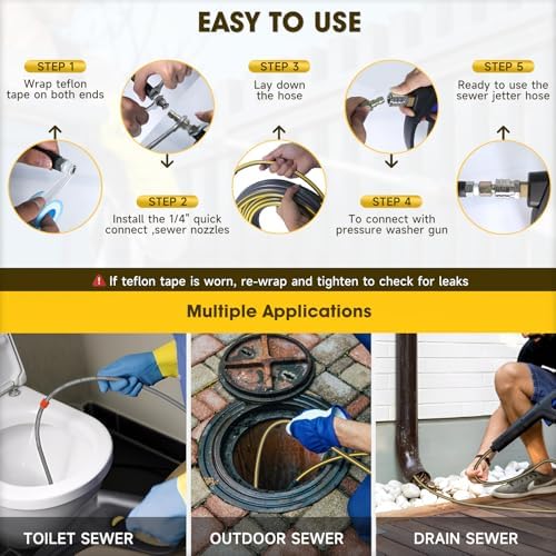 Sewer Jetter Kit for Pressure Washer, 5800PSI Drain Cleaner Hose 1/4 Inch NPT Corner,Showerhead,Rotating rotates,Mushroom Nose,Corner sewer nozzle(50FT) - Image 6