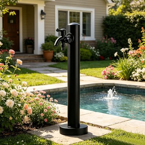Stainless Steel 60/95cm Water Dispenser Column, Round with Water Tap and Hose Connector Free-Standing Garden Tap Outdoor Spigot, Vertical Water Hydrant(Black,95cm/37.4in,Style 1) - Image 7