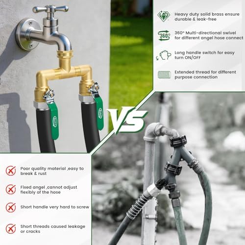2 Way Heavy Duty Brass Garden Hose Splitter, 360° Rotatable Y Valve, Full Flow Large Ball Valve, Long Handle, Thickened Solid Brass, 3/4" GHT Thread for Outdoor Faucet, Lawn Irrigation, Car Wash - Image 5