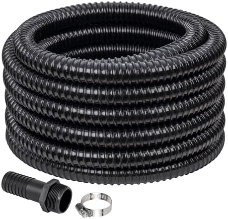 1-1/2" ID Pond Tubing 10ft Black, Reinforced PVC Corrugated Hose - Kink-Proof, Includes 1 Stainless Steel Clamp & 1.5" Barbed x NPT Male Adapter for Ponds, Waterfalls, Pumps, Filters & Drainage by ProfessionalBrand