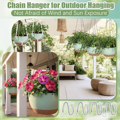 Sliner Set of 4-10 Inch Self Watering Hanging Planters Includes Hanging Pots and Outdoor Hanger Plant Pots with Drainage Holes 2 Types of Hanger Basket Hooks for Patio Garden(Green Brown) - Image 5