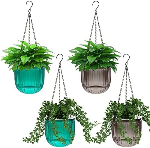 Meanplan 4 Pcs Self Watering Hanging Planter Indoor 6.5 Inch Hanging Baskets for Plants Outdoor Plastic Flower Pot with 3 Hooks Chains Drainage Holes for Garden Home, Medium Size(Emerald, Gray) by Meanplan