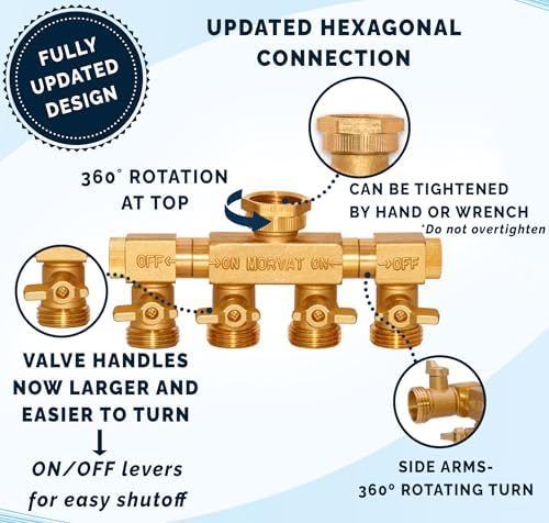 Morvat 4 Way Splitter with Rotating Arms, Heavy Duty Brass Garden Hose Manifold Connector with Comfort Rubber Grip ON/OFF, Adapter for Water Faucet Tap & Spigot, 8 Extra Washers & Teflon Tape - Image 2