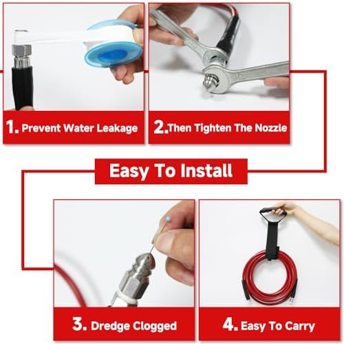 NIFUAL Sewer Jetter Kit for Pressure Washer,50FT 5800PSI Pressure Drain Cleaner 1/4 Inch NPT Corner Rotating and Button Hose Sewer Jetting Nozzle for Homeowners & DIYers (50FT) - Image 3