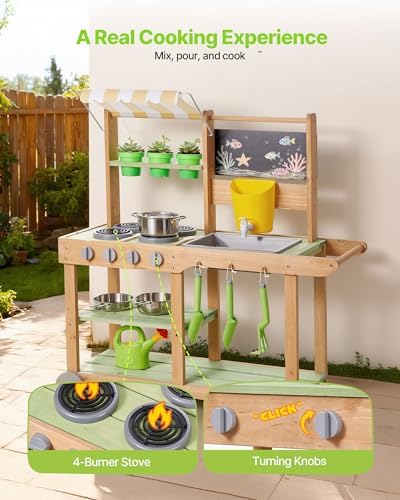 VEVOR Mud Kitchen, Outdoor Mud Kitchen for Kids, Wood Outdoor Play Kitchens with Spoons, Sink, Sunshade Canopy, Swivel Wheels, Cookware Pots and Accessories, Wooden Play Kitchens for Home, Lawn - Image 4